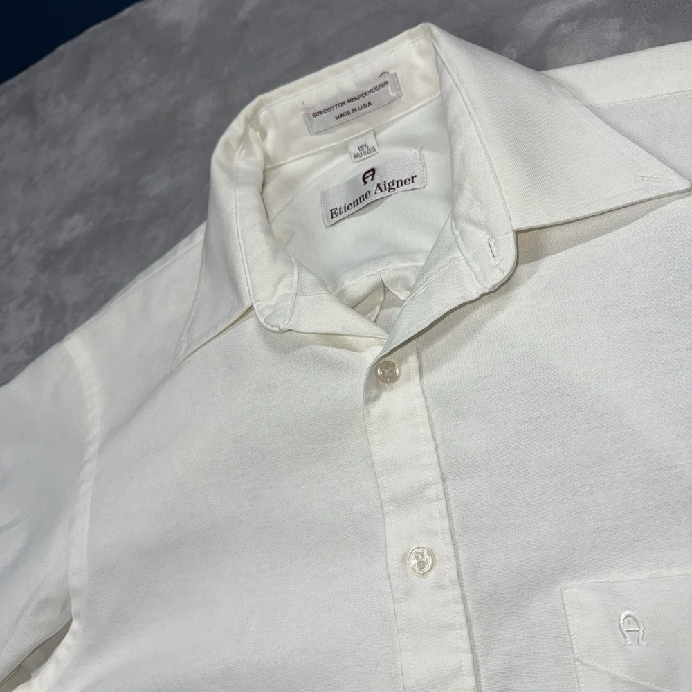 Vintage Etienne Aigner Shirt Mens 15.5 White Logo Button Up Short Sleeve Pocket